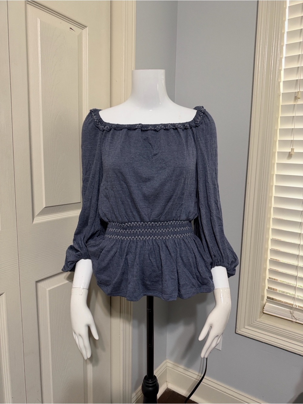 Max Studio Blue peasant Smocked Peplum Long Sleeve Top. #002